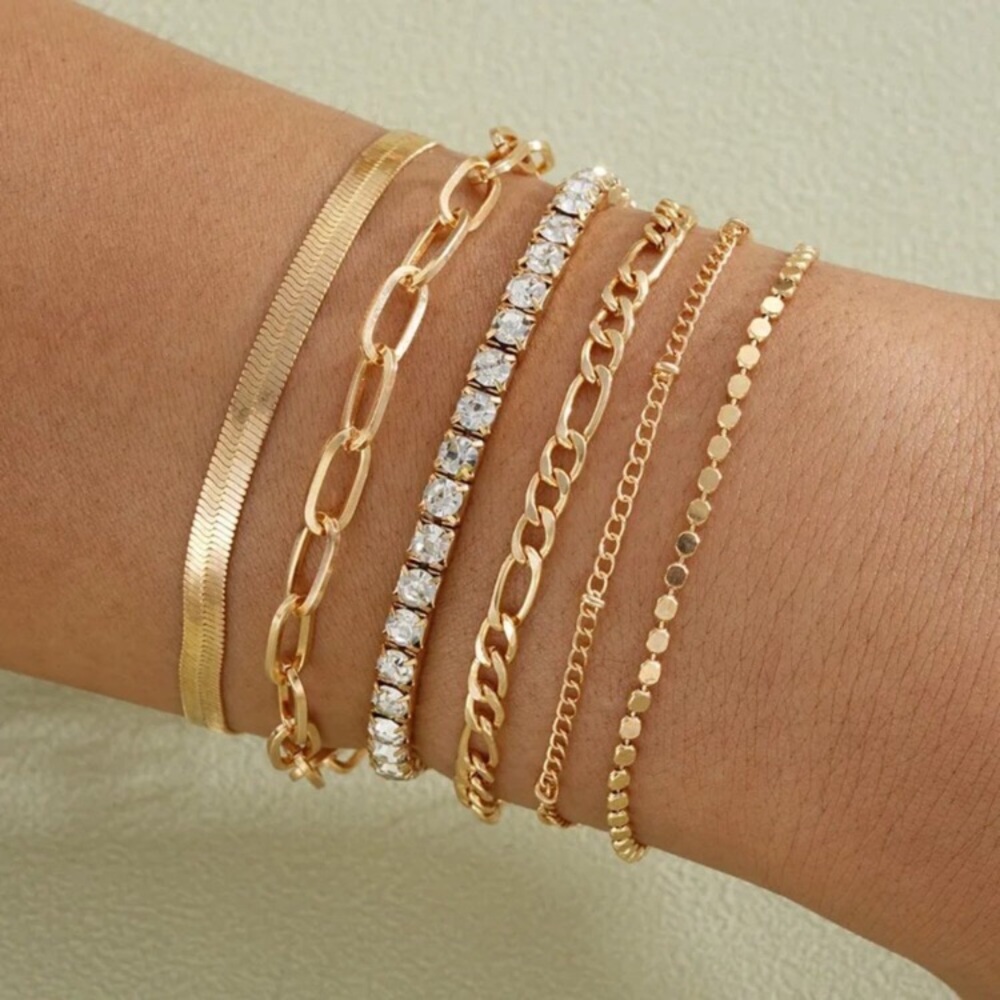 NEW 24k Gold Plated Chain and Crystal Tennis Bracelet Set of Six
